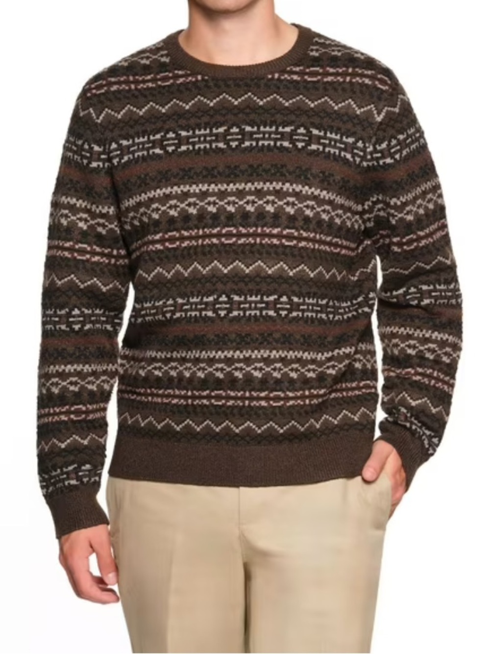 NWT Lands' End Brown Fair Isle Crewneck Sweater Size L